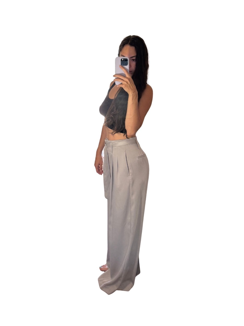 Top Shop High-Waist Wide Leg Trousers - Light Gray 4